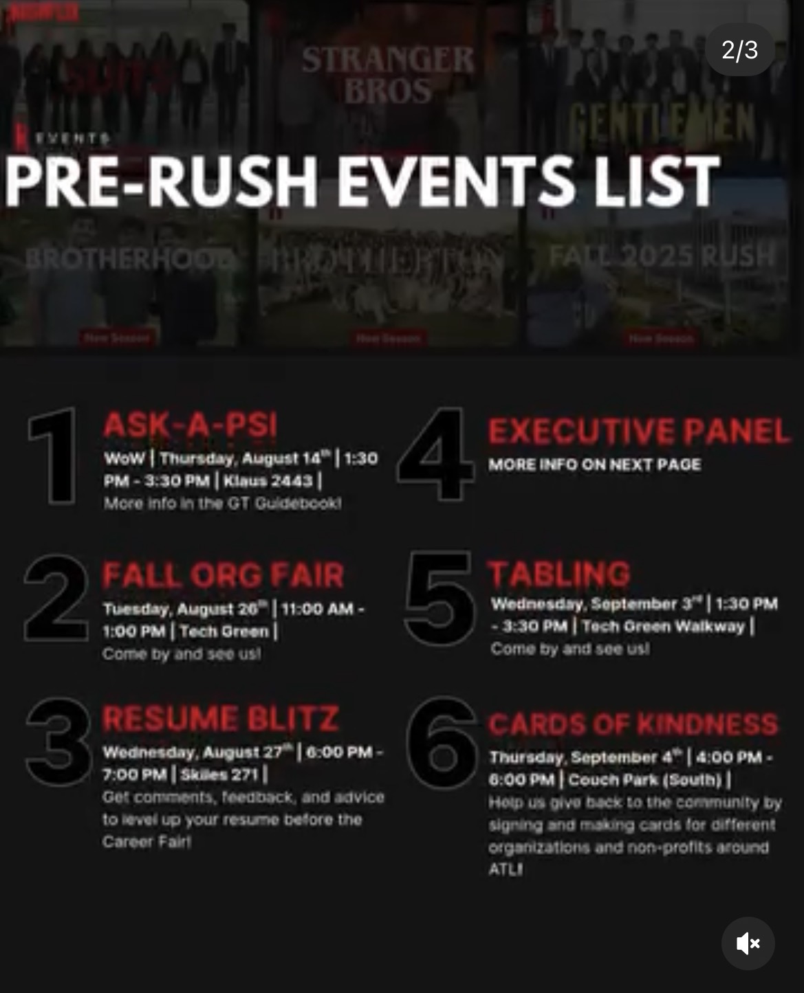 Pre-rush events list
